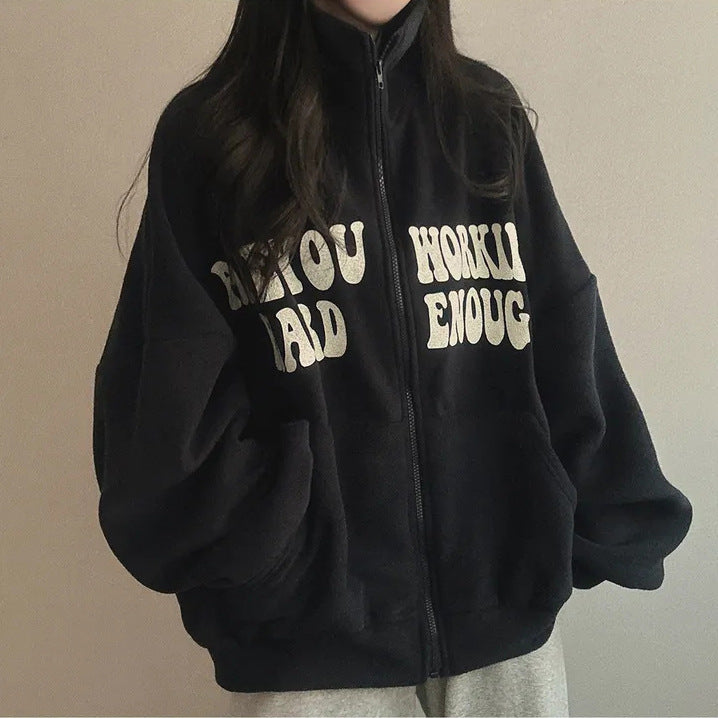 Women's Plus Velvet Alphabet Zip-Up Loose Cardigan Sweater
