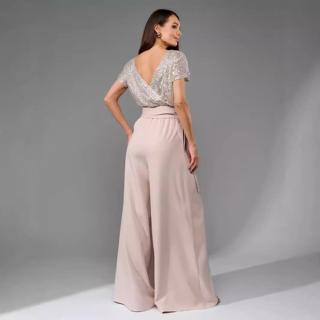 Glitter Sequin Short Sleeve Casual Jumpsuit