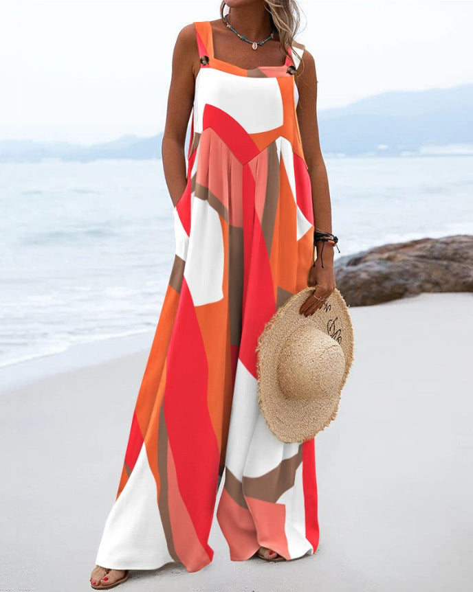 Chic Digital Print Button Romper with Wide Legs
