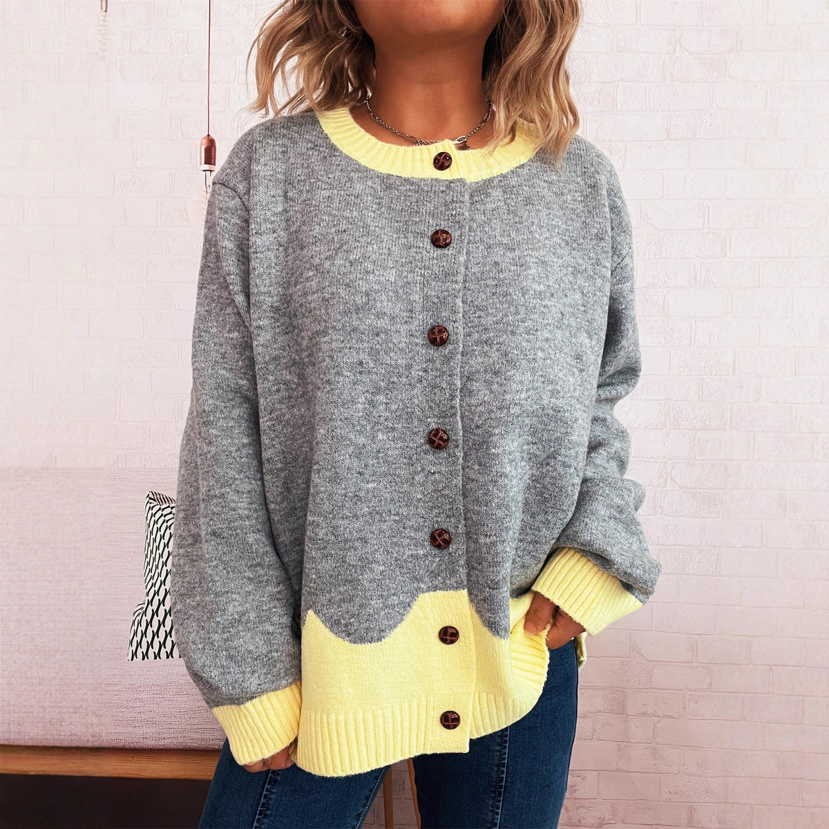 Color Effect Collar Single-breasted Casual Loose Knitted Cardigan Casual Sweater