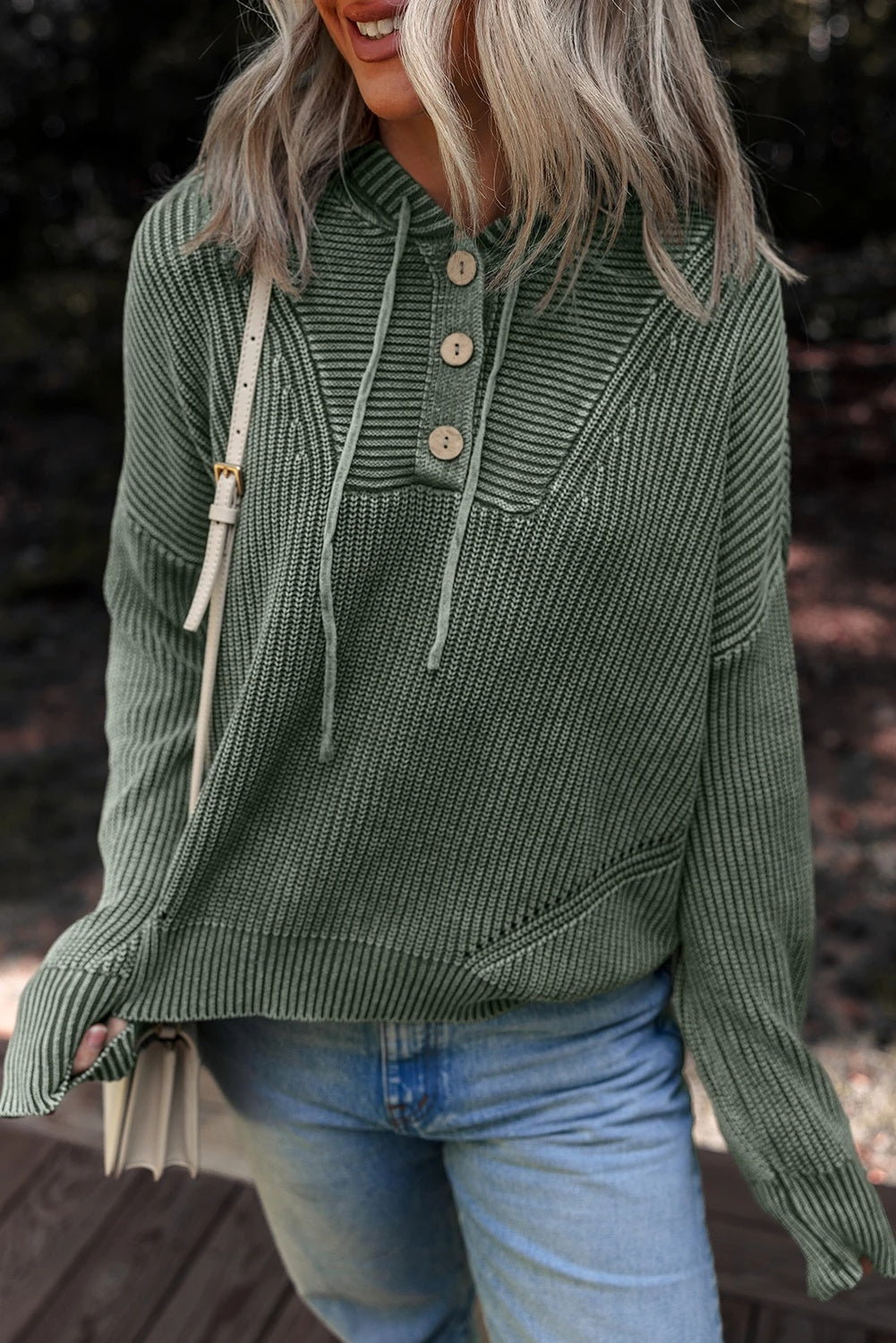 Women's Washed Rib Button Hoodie with Drawstrings Sweater
