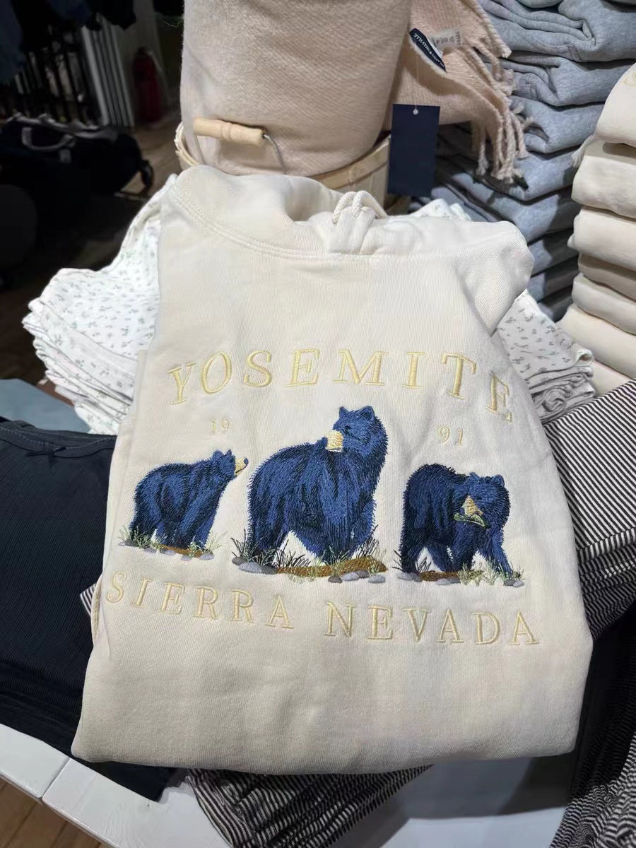 Cozy Bear Embroidered Beige Velvet Hoodie