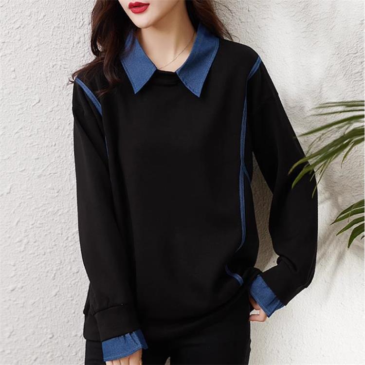 Denim Patchwork Contrast Lapel Sweater