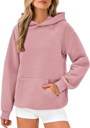 Women's Long Sleeve Hooded Plaid & Stripe Pullover Top