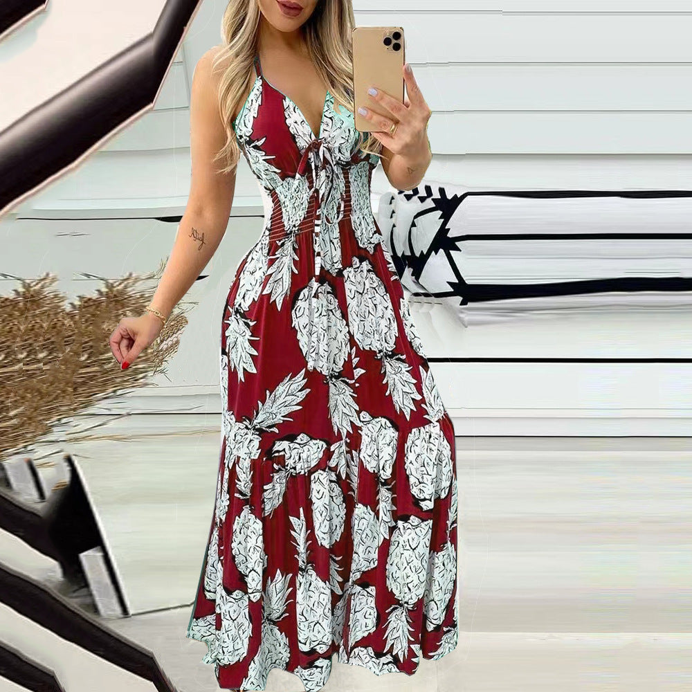 Bohemian Pineapple Print Spaghetti Strap Maxi Dress, Deep V Neck Tie Front Ruched Waist Flowy Long Dress for Beach Vacation Summer Dress for Women