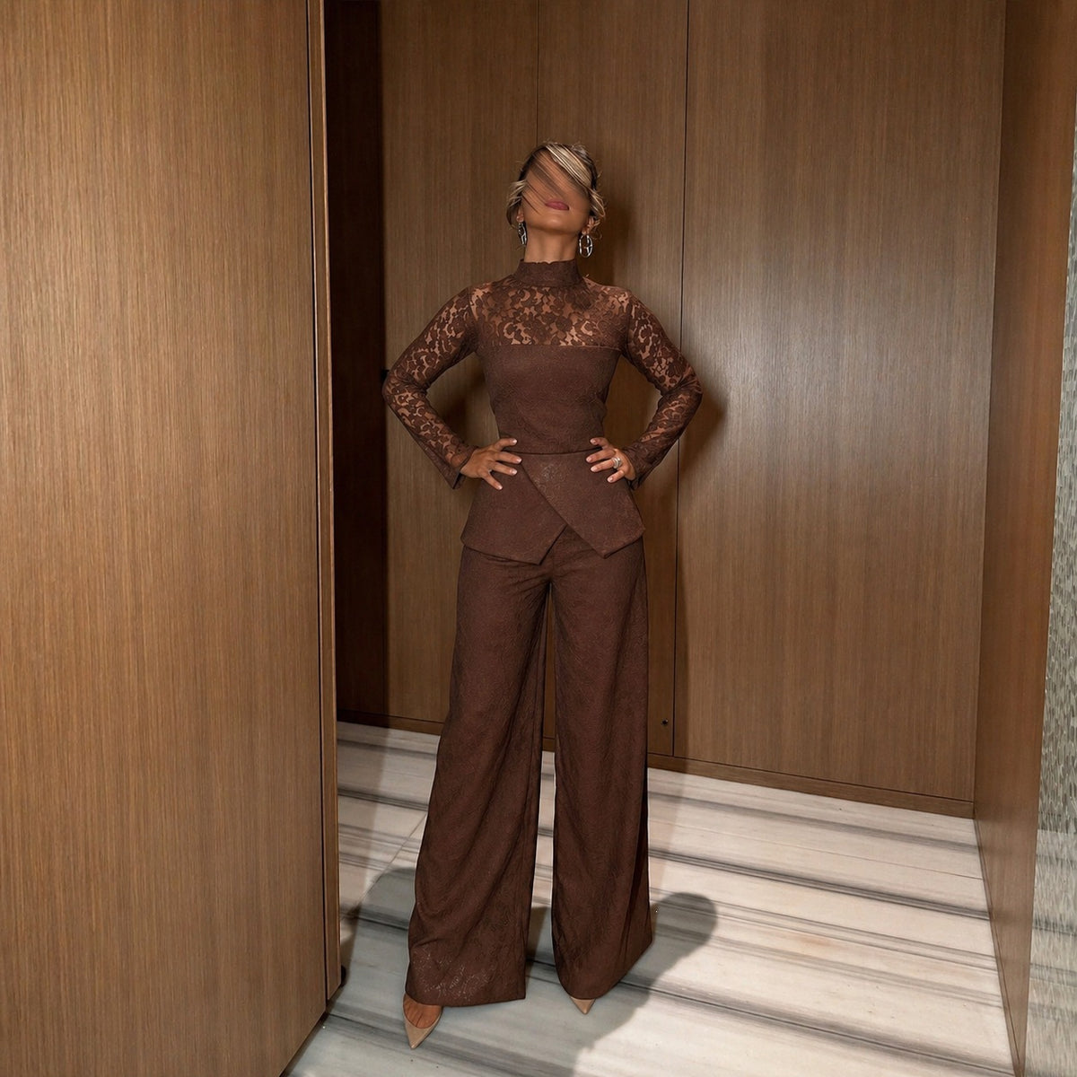 French Lace High-Neck Long Sleeve Jumpsuit