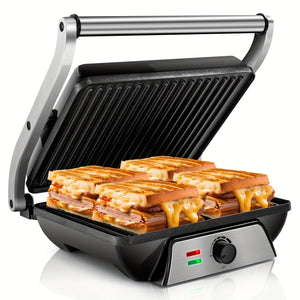 3-in-1 Electric Indoor Grill - Panini Press Sandwich Maker with Non-Stick Cooking Plates, Opens 180-Degree Gourmet Sandwich Maker, Floating Hinge Fits All Foods, Panini Press Grill with Grease Tray
