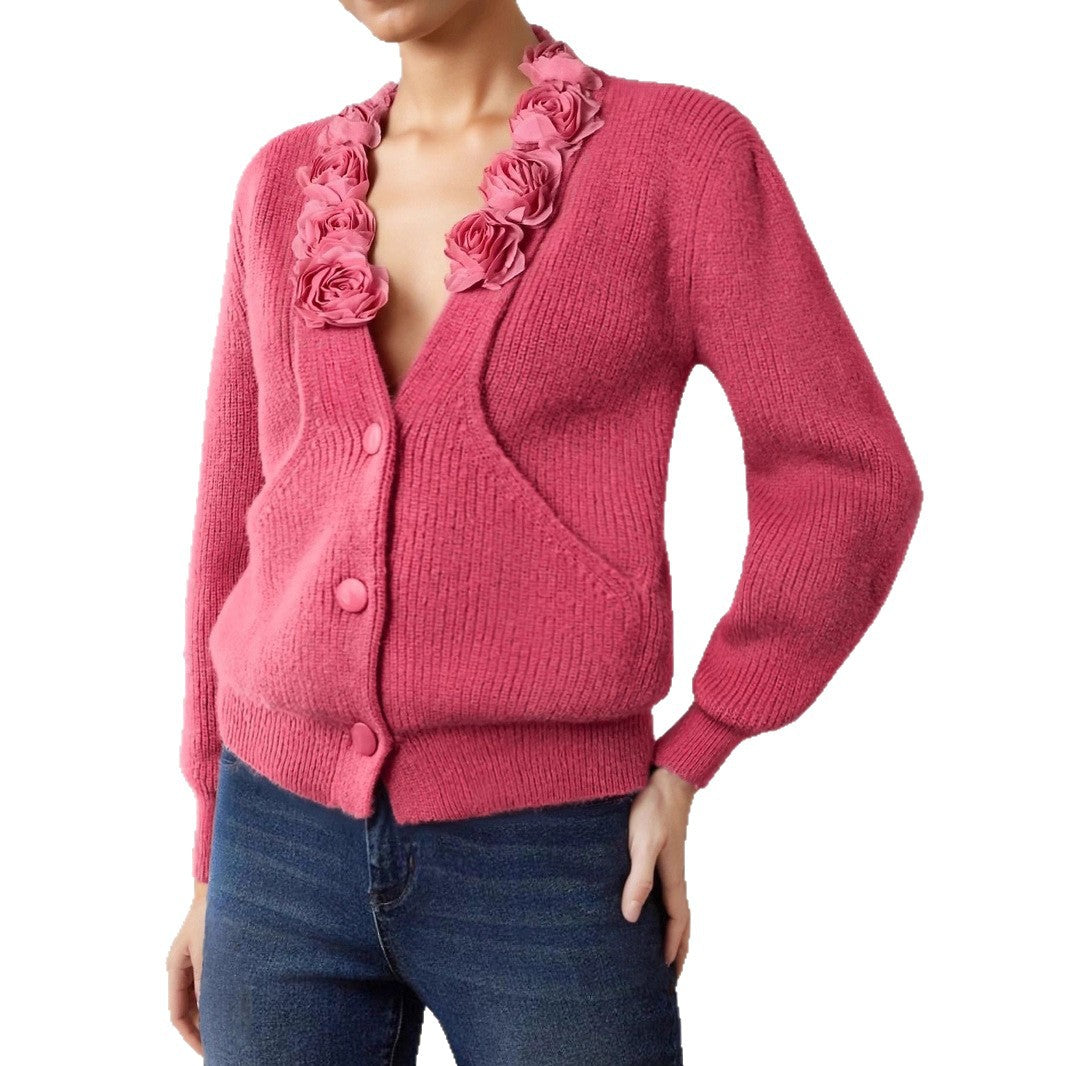 Autumn and Winter French Rose V-neck Sweater