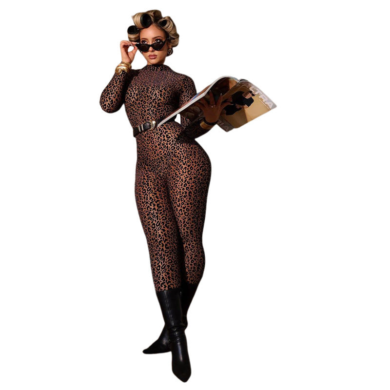 Sexy Leopard Print High-Waist Long-Sleeve Jumpsuit