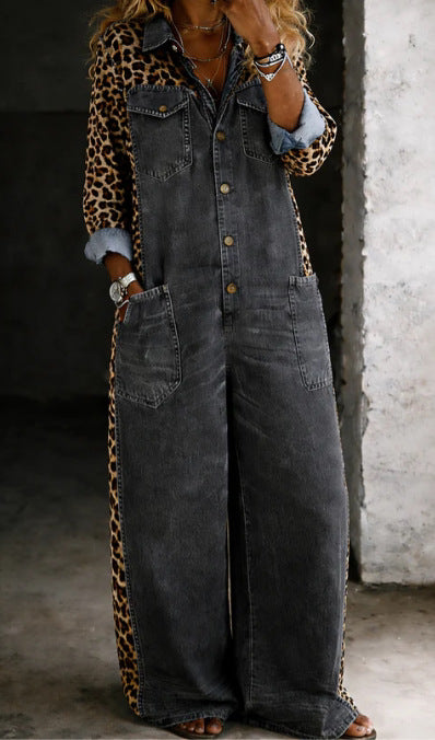 Chic Printed Long-Sleeve Lapel Jumpsuit