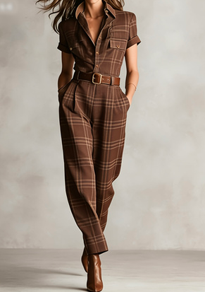 Vintage Plaid Lapel Short-sleeve Waist-cinched Utility Jumpsuit