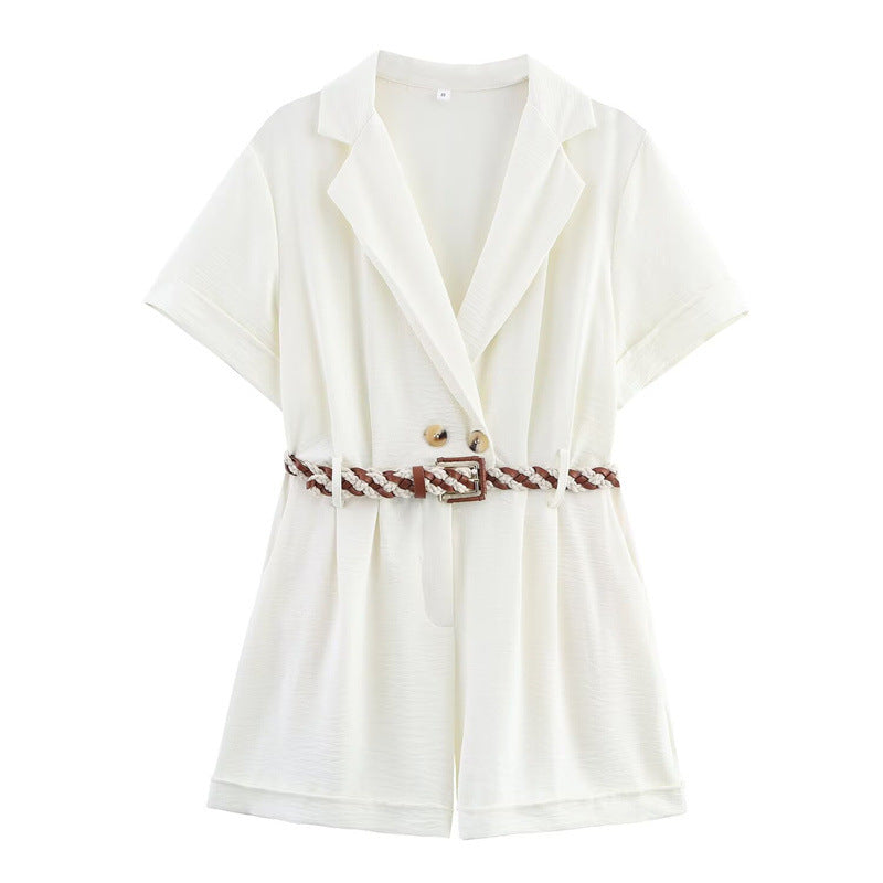 Chic Woven-Belt Short-Sleeve Jumpsuit