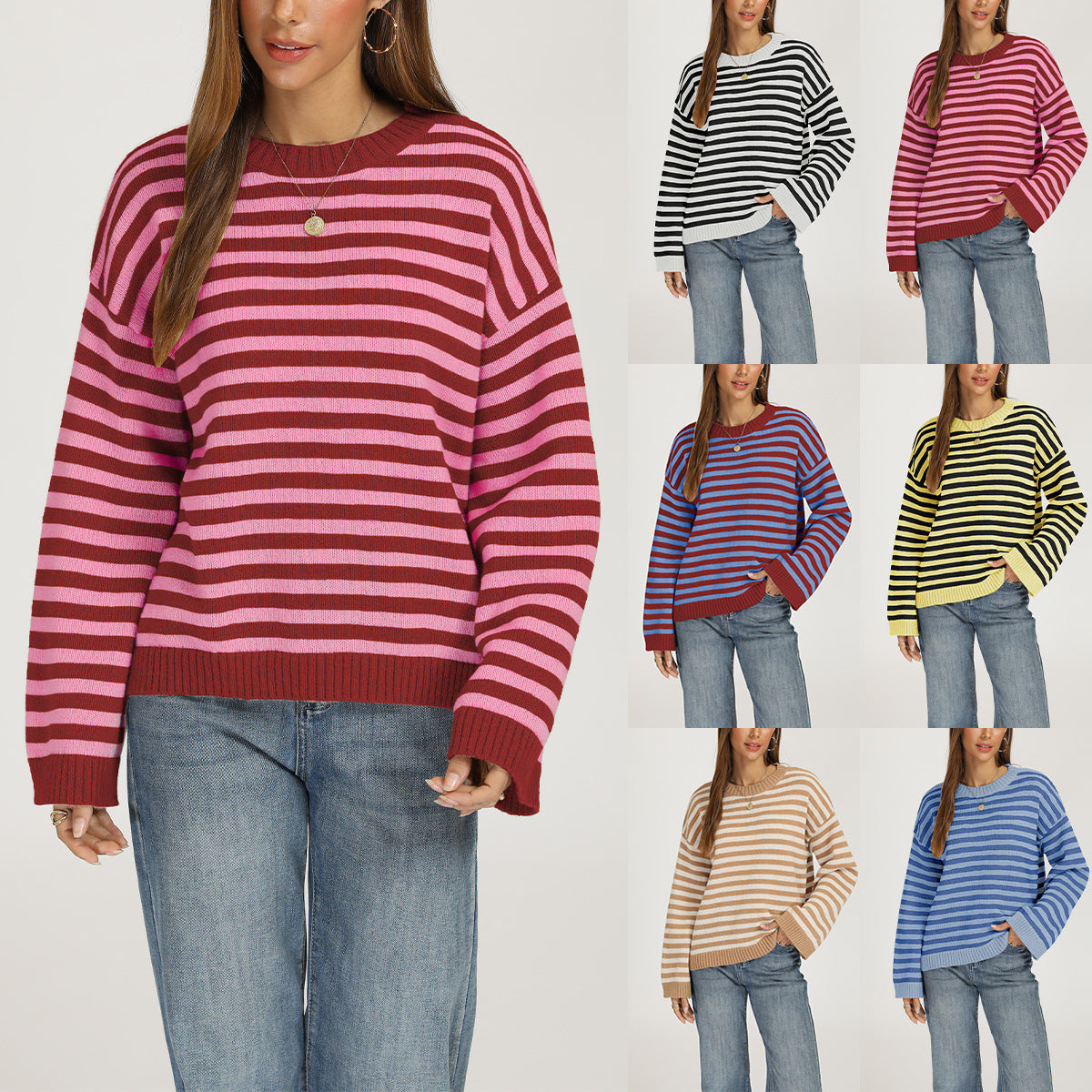 Loose-fitting Striped Knit Top Sweater for Women