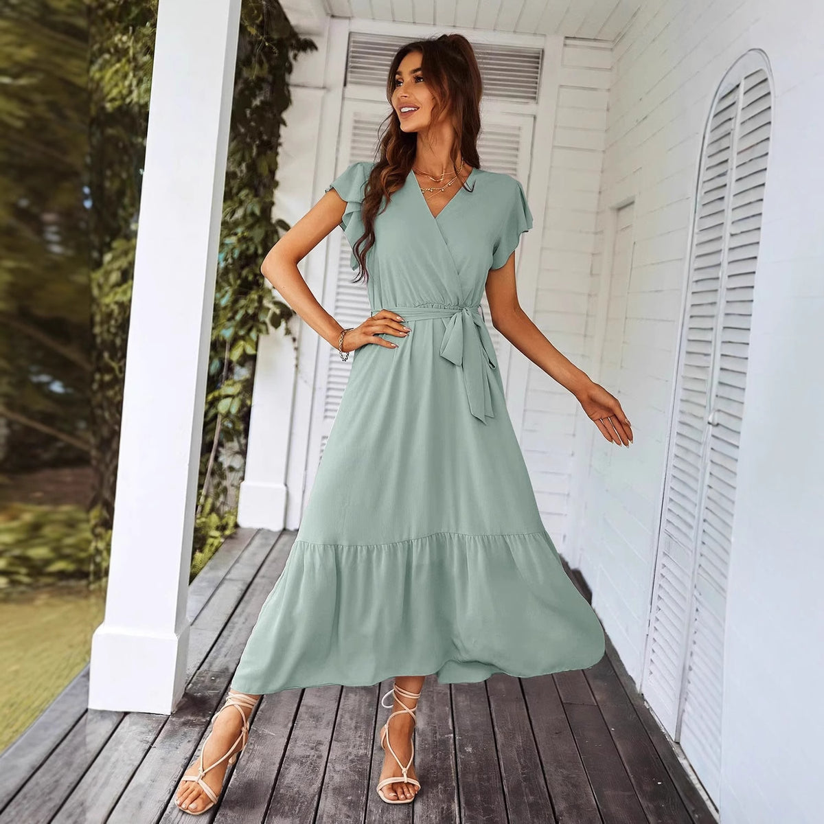 Womens Floral Print Flounce Short-sleeve Midi Dress