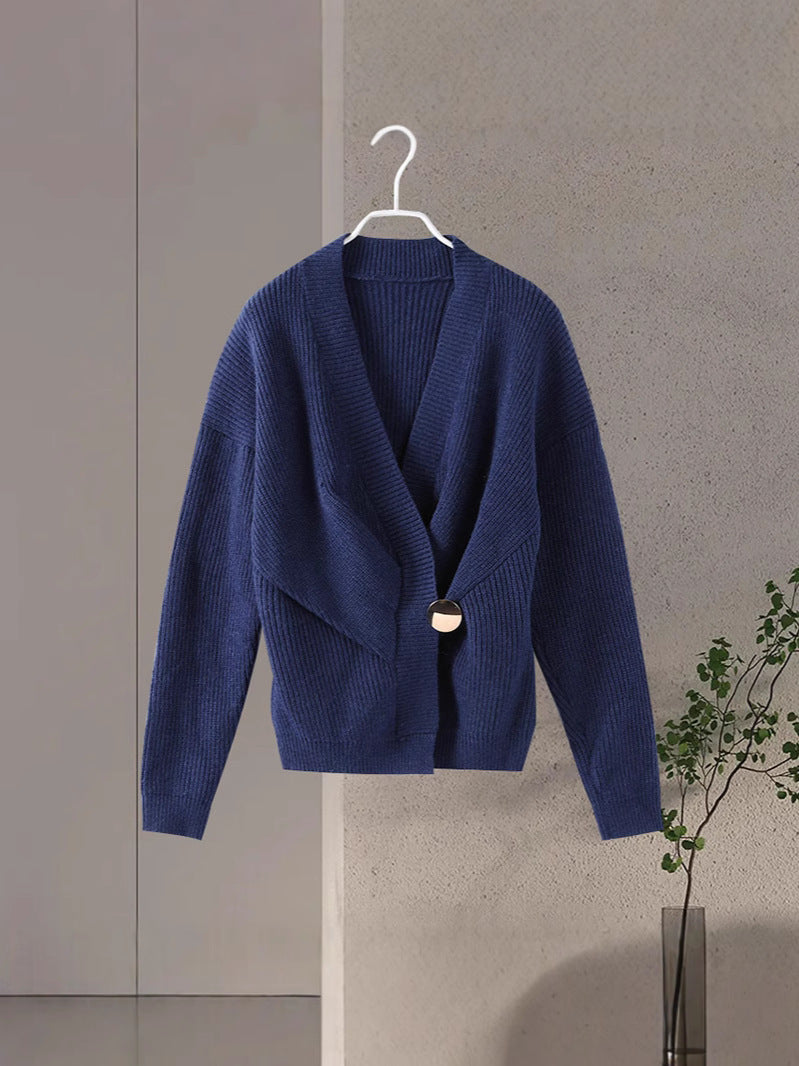 Dark Blue Irregular V-neck Fitted Waist Sweater Knitwear Autumn and…