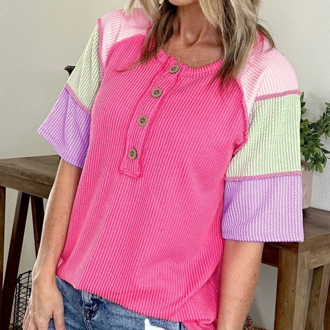 Soft Pink/Blue/Beige Women's Loose Pullover – Short Sleeve Crew Neck
