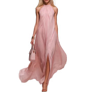 European and Americanstyle Pink Floor-length Dress with a Halter Neck and Open Back, Exuding Feminine Elegance