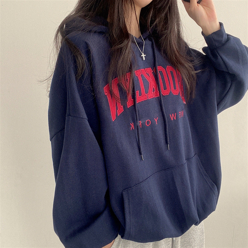 American Style Letter Print Fleece Pullover Hoodie