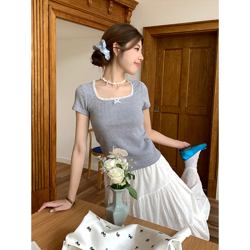U Collar Lace Short-sleeved T-shirt Slim-fit Floral Top