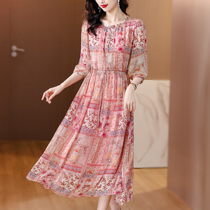 Floral Print Ruffled Silk Mid-Length Skirt
