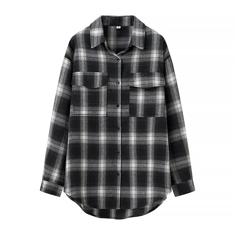 Retro Plaid Long-sleeve Women's Loose Casual Single-breasted Shirt
