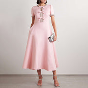 Long Dress with a Diamond-embellished Bow At the Neckline