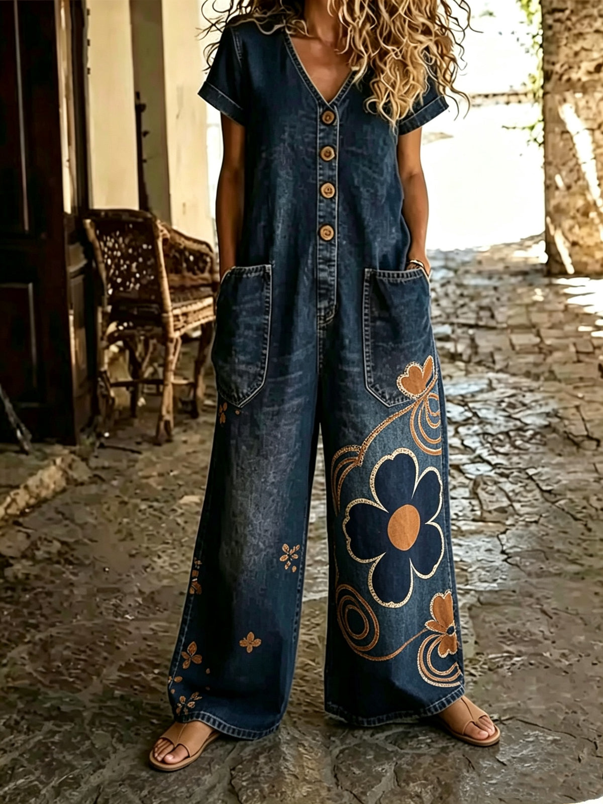 Casual Denim Short-Sleeve Wide-Leg Jumpsuit with Pockets