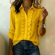 Womens Relaxed-fit Long-sleeve Ruffled-placket Blouse Shirt