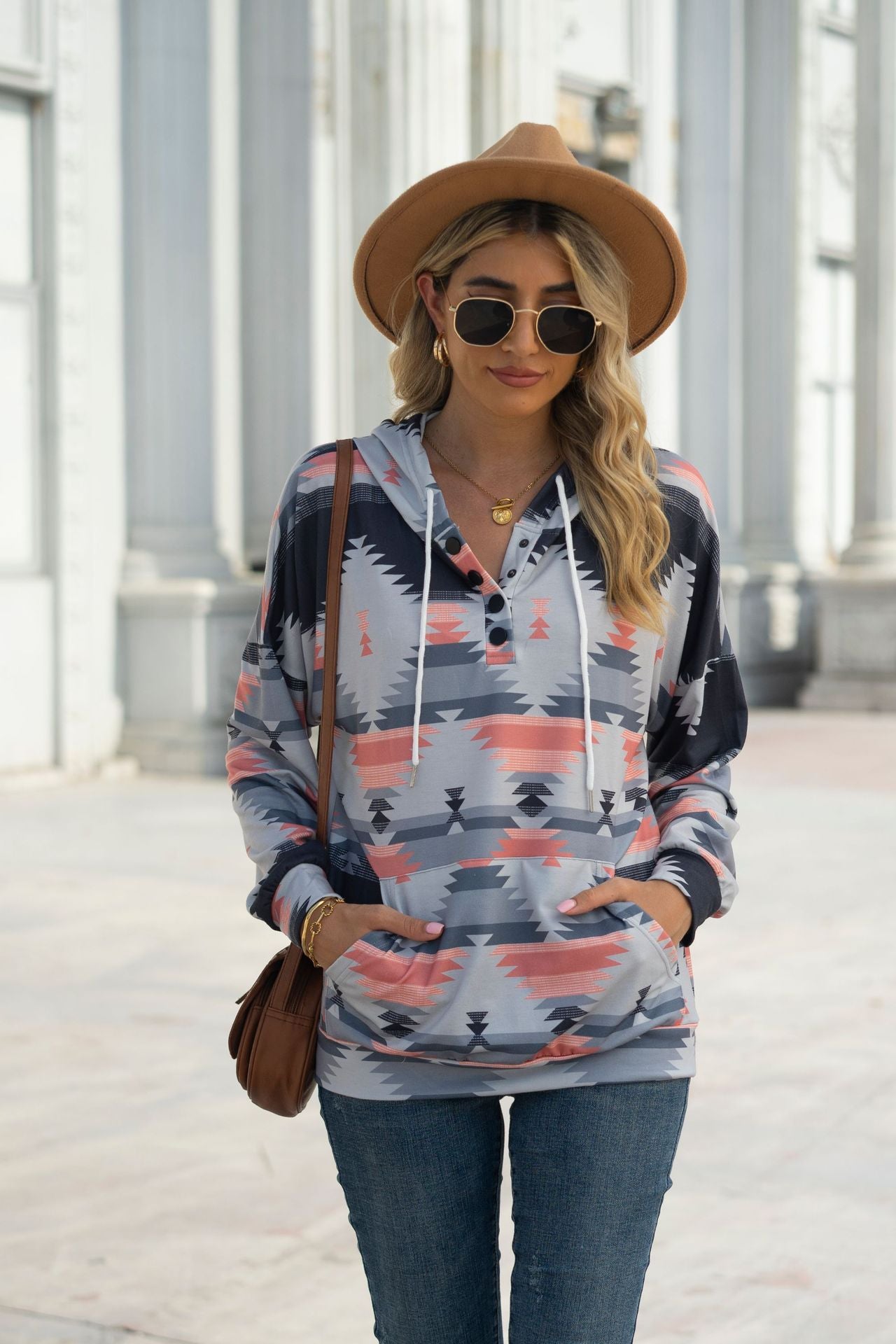 Geometric Pattern Long Sleeve Hooded Pocket Sweatshirt