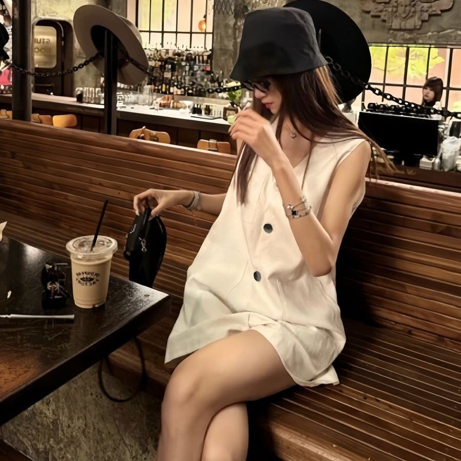 Womens Fashion Single-Breasted Sleeveless Jumpsuit Vest