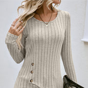 Women's Slim Fit Button Round Neck Ribbed Sweater