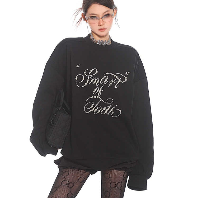 Pearl Inlaid Loose Round Neck Couple Sweater Top