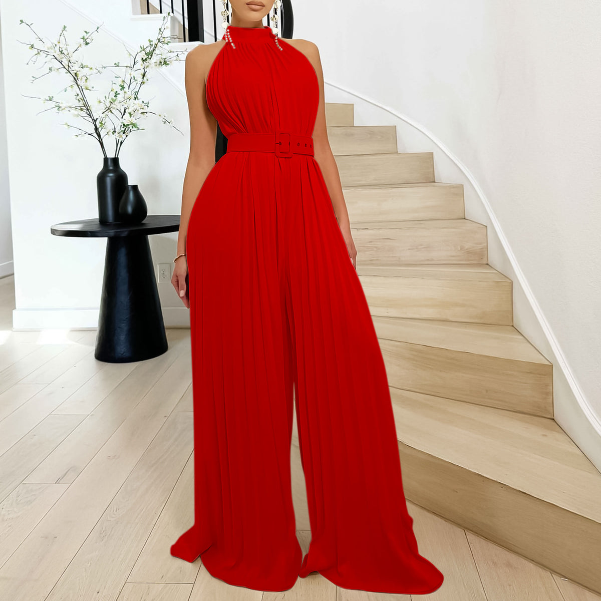 Chic Pleated Wide-Leg Sleeveless Jumpsuit with Belt