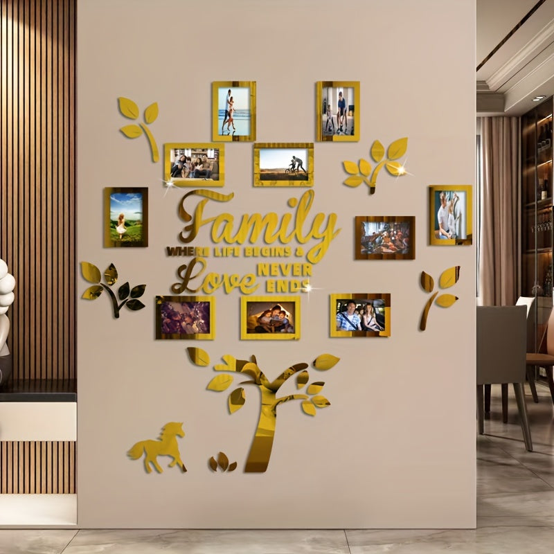 Black Acrylic Mirror Wall Decal - Family Photo Tree with Horse & Leaf Design, Removable Self-Adhesive Art for Home Decor, "Family: Where Life Begins and Love Never Ends" Quote, Modern Minimalist…
