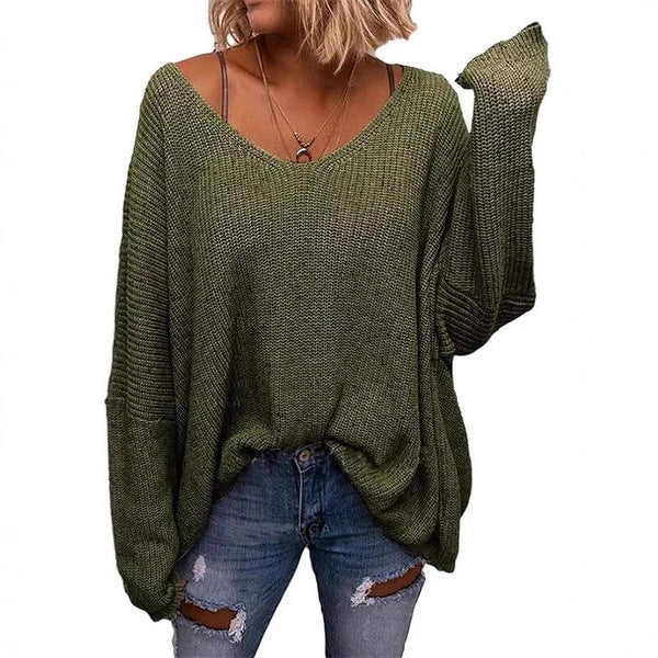 V-neck Loose-fitting Long-sleeve Sweater for Fall and Winter