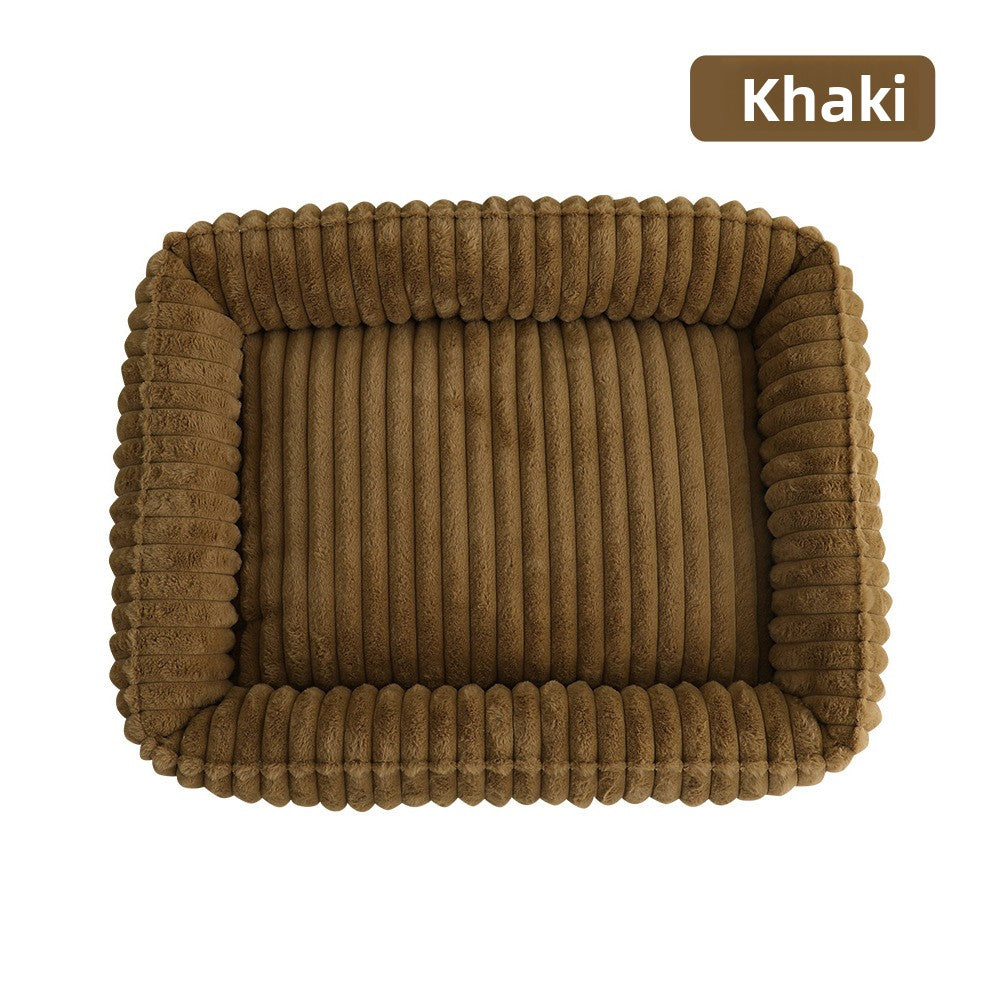 -like Removable Cover & - Large Rectangular Fleece Dog Bed For Medium/large/small Dogs, Winter Warm Pet Sofa Bed With Striped Beige/brown Bedspread, Soft Kennel (easy Assembly)