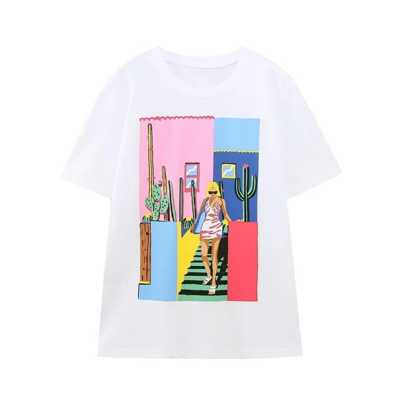 Girls' Casual 3D-Printed Short Sleeve Crewneck Tee – Vibrant Colors
