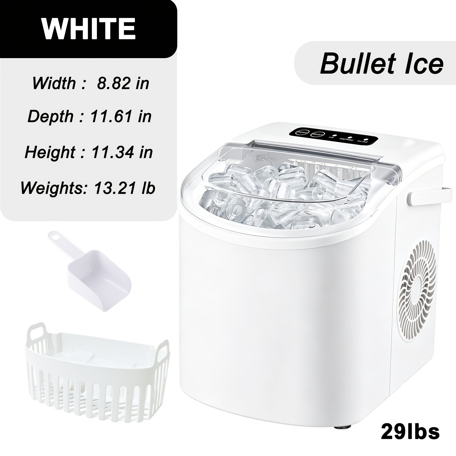 Countertop Portable Ice Maker with Handle – Produces 29 lb Ice in 24 hrs, 9 Cubes in 6 mins, Includes Basket and Ice Scoop