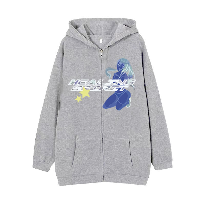 Butterfly Print Zip-Up Casual Hoodie