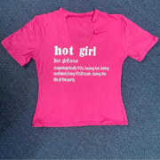 V‑Shaped Printed Short Sleeve Top – Slim Fit Rose Red