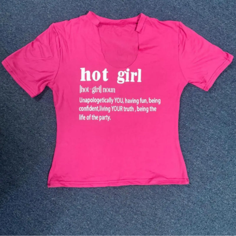 V‑Shaped Printed Short Sleeve Top – Slim Fit Rose Red