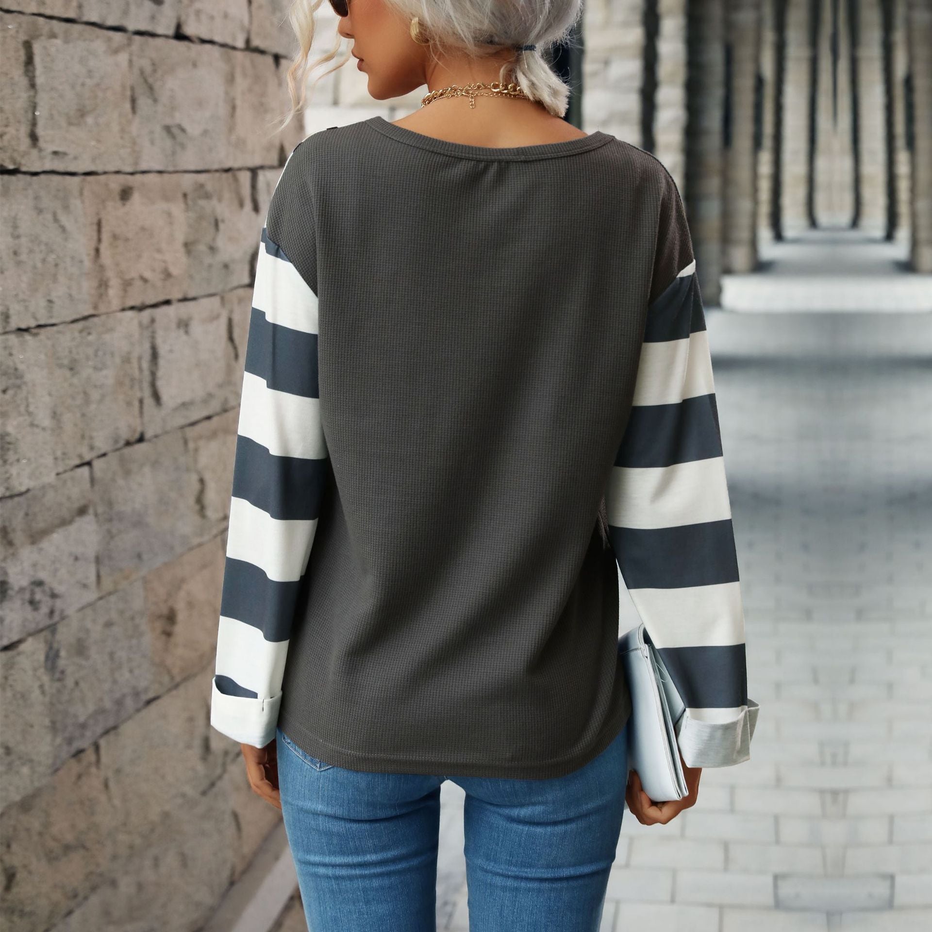 Waffle Knit Striped Pullover Sweater for Women