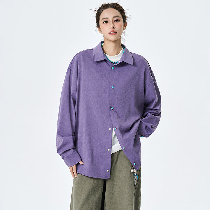 Solid-color Long-sleeve Shirt Top For Women