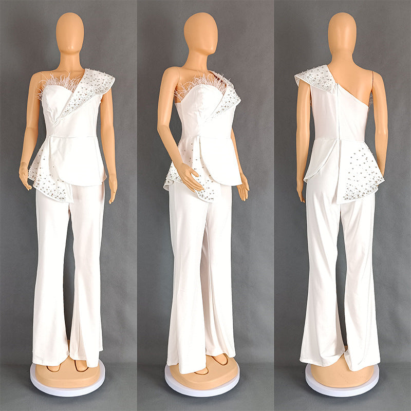 Feather Off-Shoulder High Waist Casual Jumpsuit