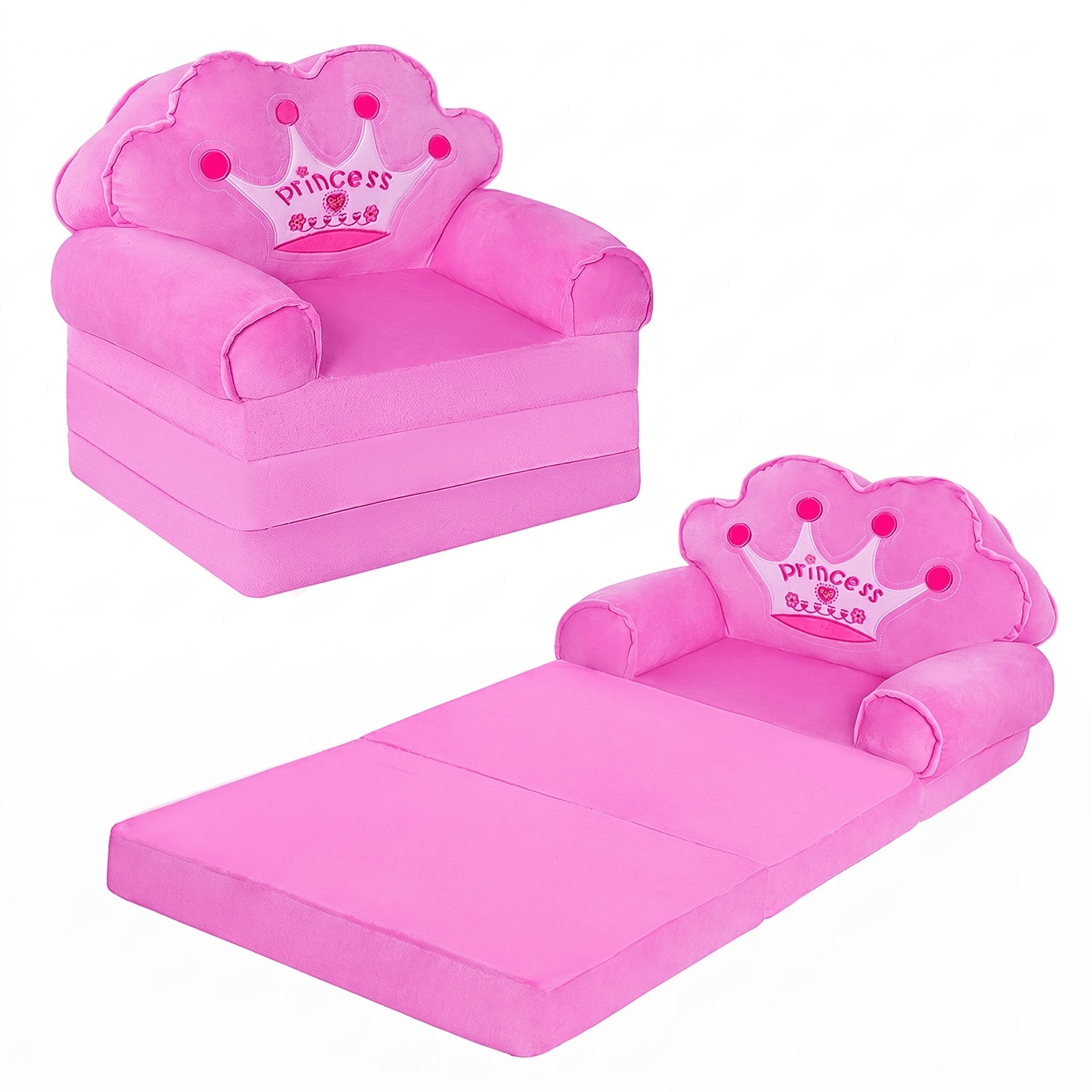 Princess Crown Pink 2‑in‑1 Kids Sofa & Lounger – Flip‑Open Couch with Machine‑Washable Plush Cover