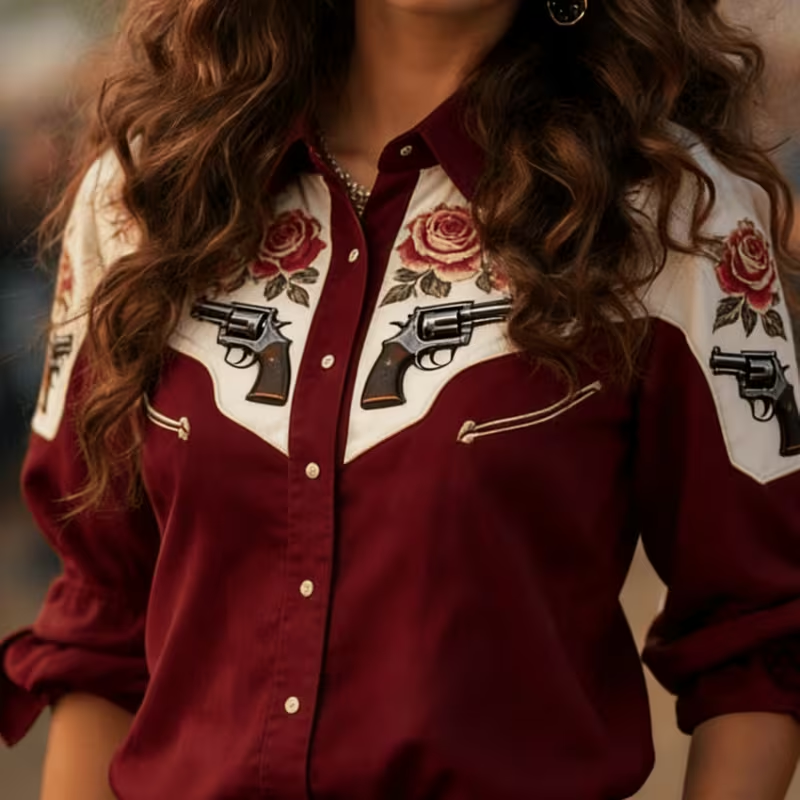 Burgundy Western Style Shirt Women's Rose Revolver Print Contrast Color Retro Long Sleeve Shirt