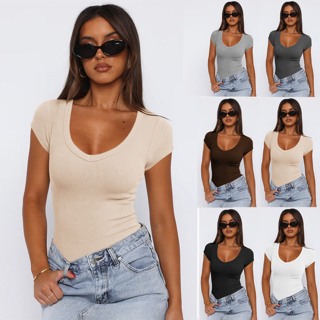 Women's Ribbed Short Sleeve Pullover – Slim Fit Solid Color Top