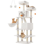 Feandrea Cat Tree, 66. 1-Inch Large Cat Tower With 13 Scratching Posts, 2 Perches, 2 Caves, Basket, Hammock, Pompoms, Multi-Level Plush Cat Condo For Indoor Cats, Tiny House Kits