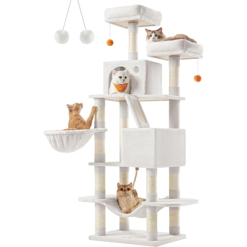 Feandrea Cat Tree, 66. 1-Inch Large Cat Tower With 13 Scratching Posts, 2 Perches, 2 Caves, Basket, Hammock, Pompoms, Multi-Level Plush Cat Condo For Indoor Cats, Tiny House Kits