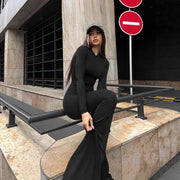 Long-sleeve Minimalist Solid-color Deep-V Jumpsuit